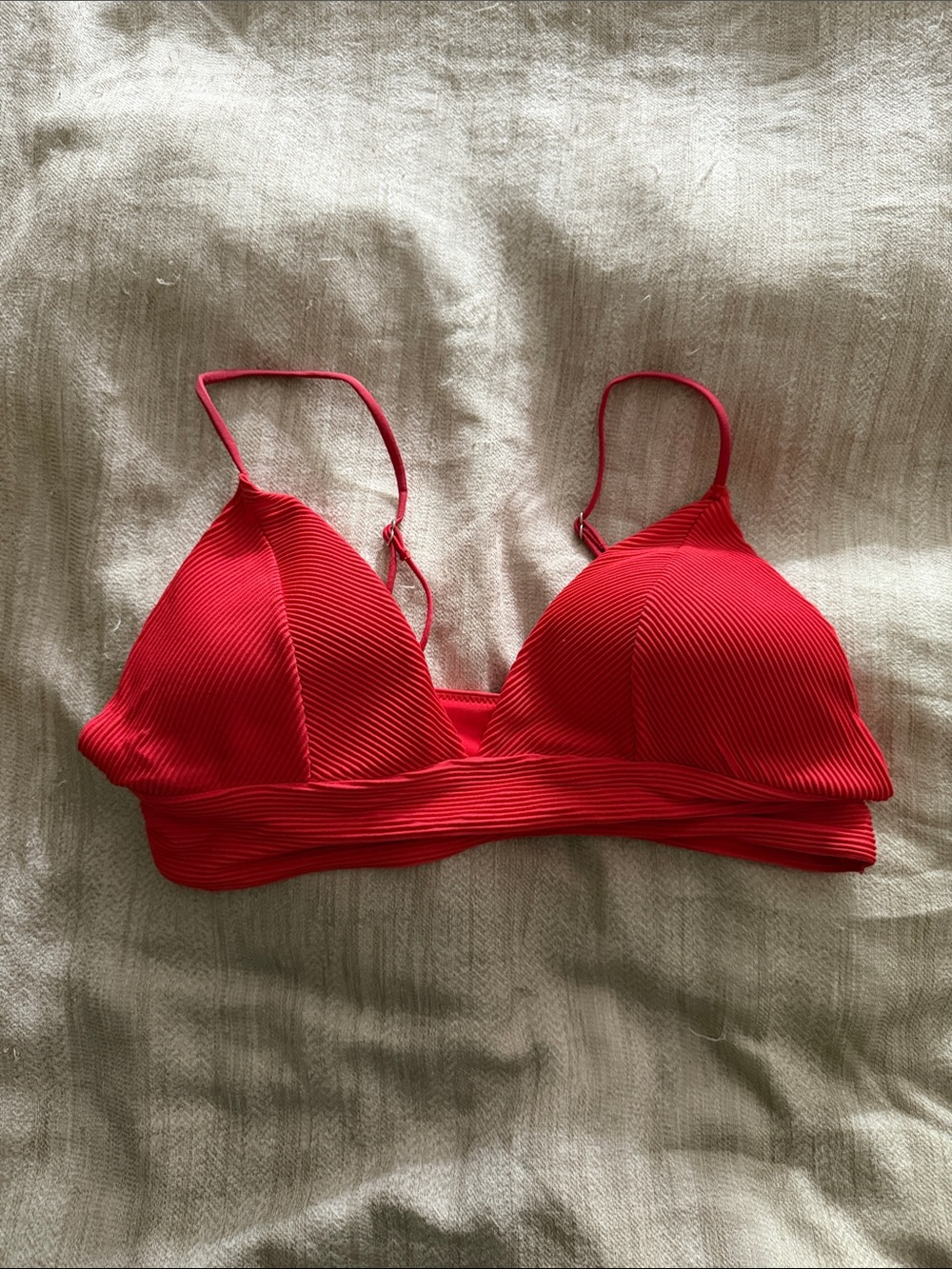 Red Ribbed Triangle Longline Bikini Top